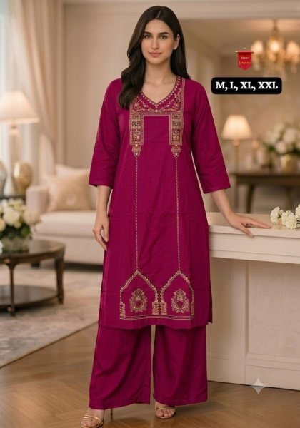 Women's Premium Red Heavy Cotton Embroidered Kurti with Matching Plazzo for Office Wear  Embroidery Kurtis 