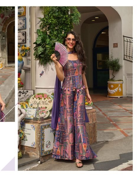 Women s Purple Banarasi Jacquard Silk Kurti Palazzo with Choker Dupatta For Festival Designer Plazzo Salwar Suits Wholesale