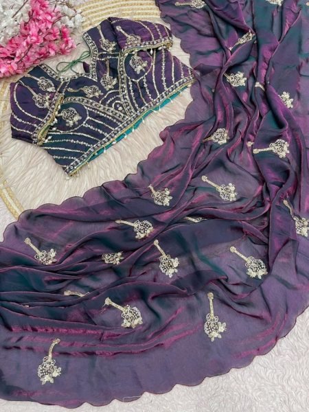 Women's Purple Fandy Satin Saree with Khatli Brits Embroidery and Arco Border 