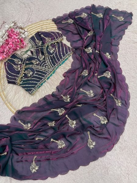 Women's Purple Fandy Satin Saree with Khatli Brits Embroidery and Arco Border Bollywood Fancy Sarees Wholesale
