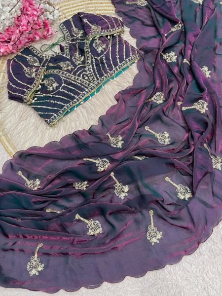 Women's Purple Fandy Satin Saree with Khatli Brits Embroidery and Arco Border Bollywood Fancy Sarees Wholesale