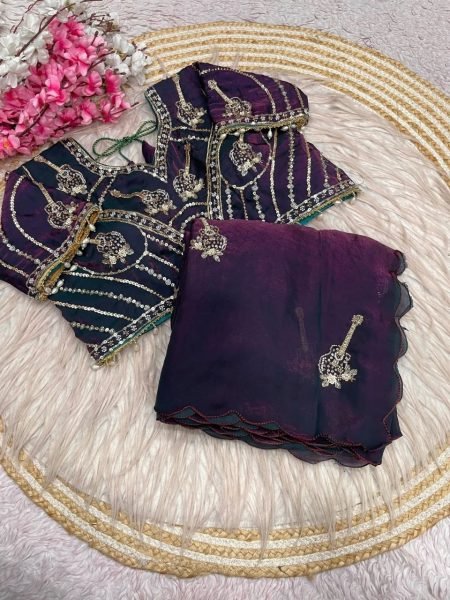 Women's Purple Fandy Satin Saree with Khatli Brits Embroidery and Arco Border Bollywood Fancy Sarees Wholesale
