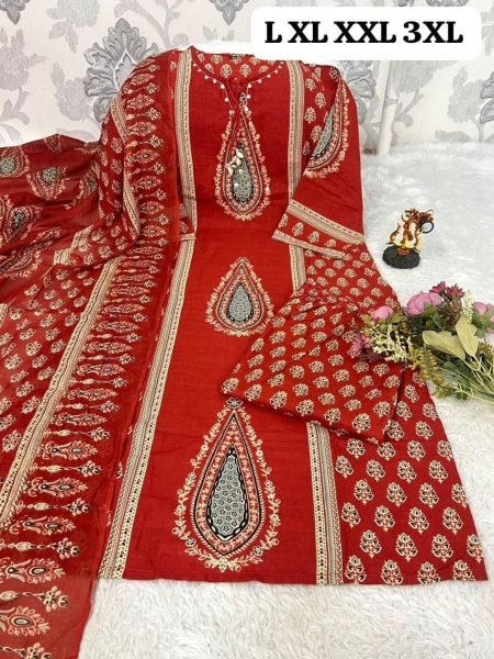Women s Red Cotton Kurti Pant Dupatta Set with Handcrafted Yoke Work Kurtis