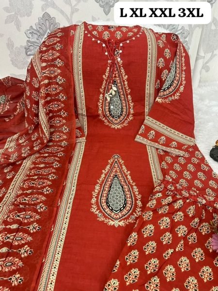 Women s Red Cotton Kurti Pant Dupatta Set with Handcrafted Yoke Work Cotton Kurtis Wholesale