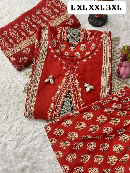 Women s Red Cotton Kurti Pant Dupatta Set with Handcrafted Yoke Work Cotton Kurtis Wholesale