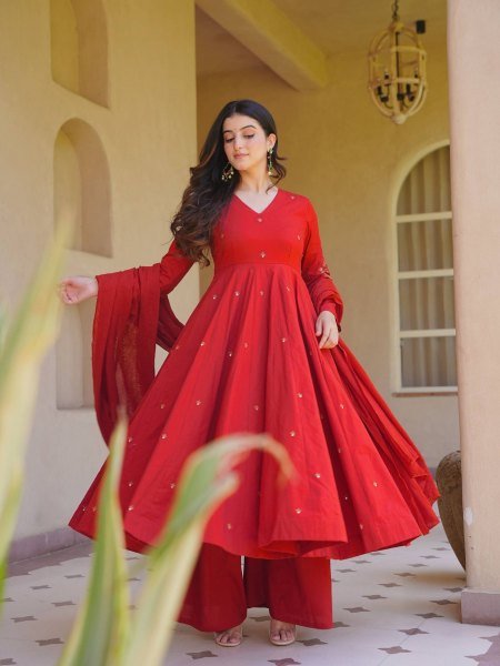 Women s Red Heavy Embroidered Roman Silk Anarkali Dress with Palazzo For Party Ready To Wear Suit