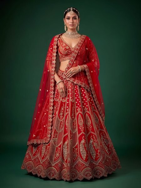Women s Red Slub Silk Bridal Lehenga with Hand Beads Sequins and Crystal Work For Wedding 
