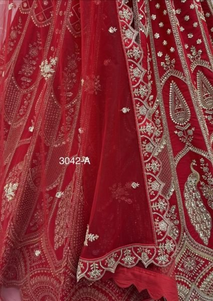 Women s Red Slub Silk Bridal Lehenga with Hand Beads Sequins and Crystal Work For Wedding Bridal Lehenga Choli