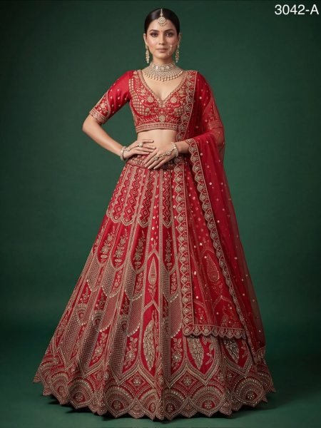 Women s Red Slub Silk Bridal Lehenga with Hand Beads Sequins and Crystal Work For Wedding Bridal Lehenga Choli