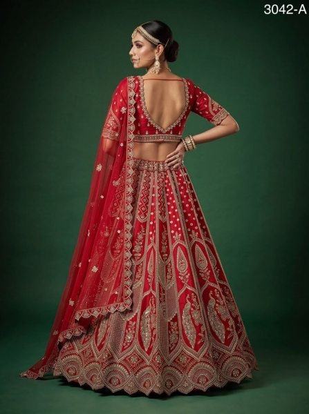 Women s Red Slub Silk Bridal Lehenga with Hand Beads Sequins and Crystal Work For Wedding Bridal Lehenga Choli