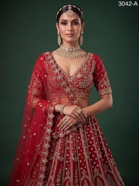 Women s Red Slub Silk Bridal Lehenga with Hand Beads Sequins and Crystal Work For Wedding Bridal Lehenga Choli
