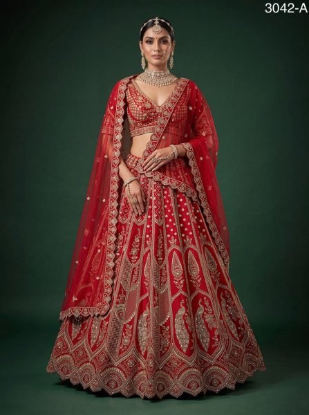 Women s Red Slub Silk Bridal Lehenga with Hand Beads Sequins and Crystal Work For Wedding Bridal Lehenga Choli
