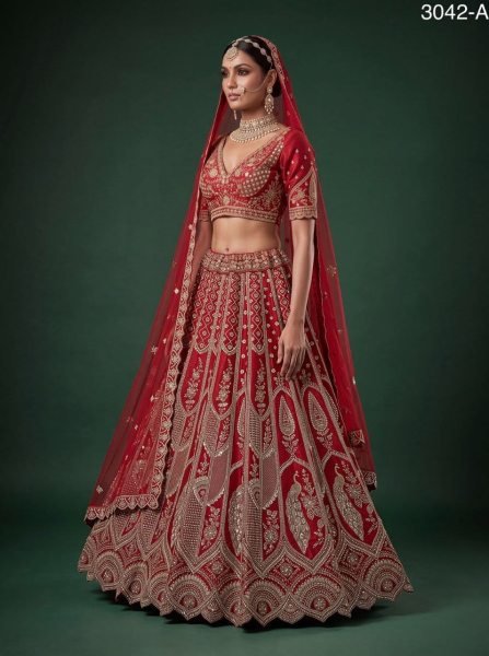 Women s Red Slub Silk Bridal Lehenga with Hand Beads Sequins and Crystal Work For Wedding Bridal Lehenga Choli