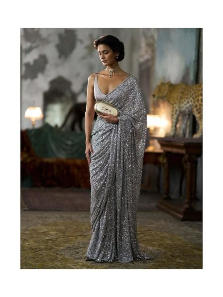 Women s Sequins Work Grey Heavy Georgette Saree With Unstitched Blouse Peice Sarees 