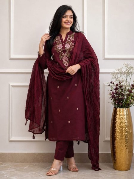 Women s Slub Cotton Embroidered 3 Piece Suit Set with Nazmin Dupatta For Women Traditional Wear Kurtis