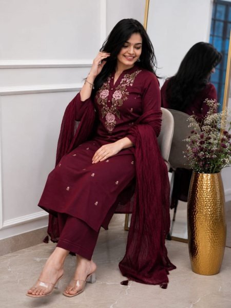 Women s Slub Cotton Embroidered 3 Piece Suit Set with Nazmin Dupatta For Women Traditional Wear Embroidery Kurtis 