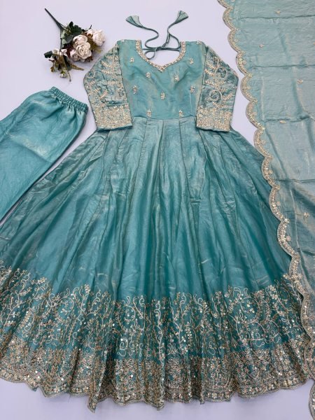Women's Teal Blue Fendy Silk Gown with Coding, Sequins and Lace Border Dupatta For Diwali  Ready To Wear Collection