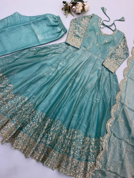 Women's Teal Blue Fendy Silk Gown with Coding, Sequins and Lace Border Dupatta For Diwali  Ready To Wear Collection