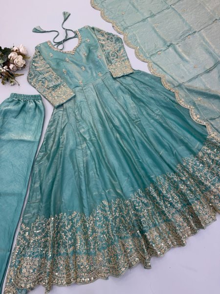 Women's Teal Blue Fendy Silk Gown with Coding, Sequins and Lace Border Dupatta For Diwali  Ready To Wear Collection