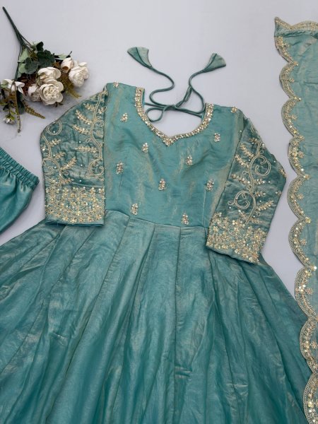 Women's Teal Blue Fendy Silk Gown with Coding, Sequins and Lace Border Dupatta For Diwali  Ready To Wear Collection