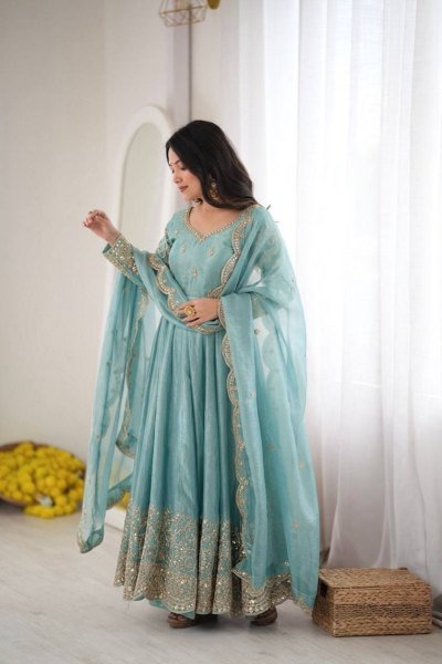 Women's Teal Blue Fendy Silk Gown with Coding, Sequins and Lace Border Dupatta For Diwali  Ready To Wear Collection
