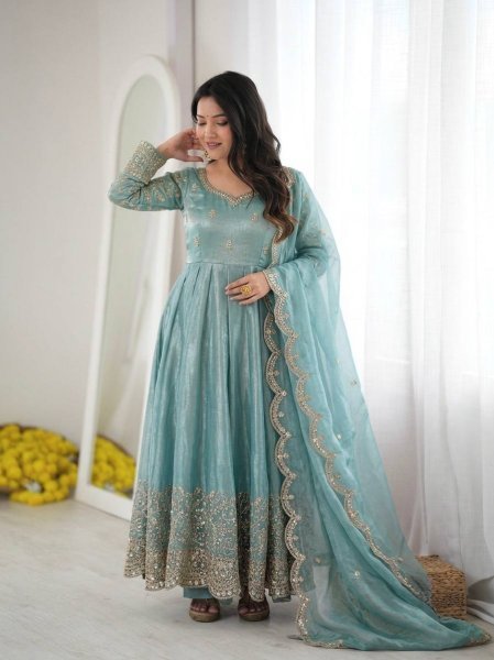 Women's Teal Blue Fendy Silk Gown with Coding, Sequins and Lace Border Dupatta For Diwali  Ready To Wear Collection