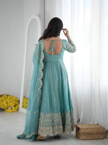 Women's Teal Blue Fendy Silk Gown with Coding, Sequins and Lace Border Dupatta For Diwali  Ready To Wear Collection