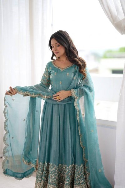 Women's Teal Blue Fendy Silk Gown with Coding, Sequins and Lace Border Dupatta For Diwali  Ready To Wear Collection