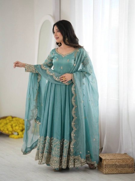 Women's Teal Blue Fendy Silk Gown with Coding, Sequins and Lace Border Dupatta For Diwali  Ready To Wear Collection