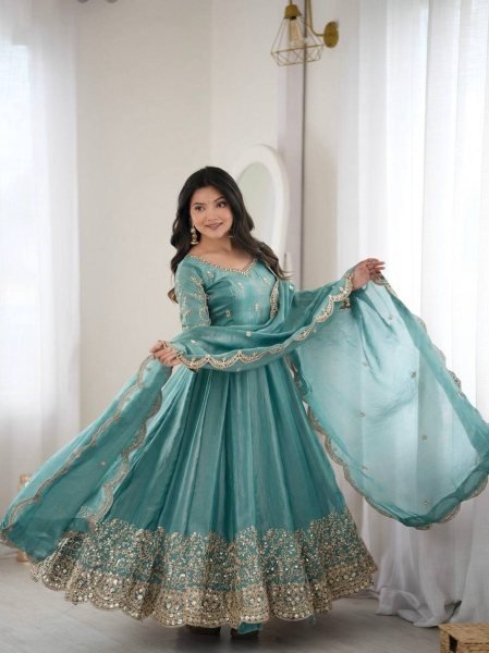 Women's Teal Blue Fendy Silk Gown with Coding, Sequins and Lace Border Dupatta For Diwali  Ready To Wear Collection