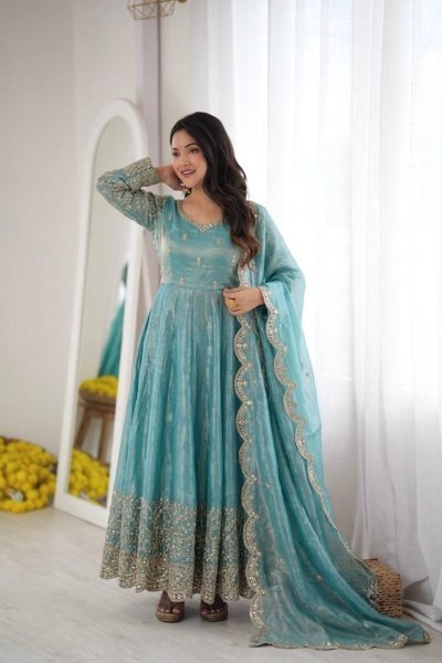 Women's Teal Blue Fendy Silk Gown with Coding, Sequins and Lace Border Dupatta For Diwali  Ready To Wear Collection