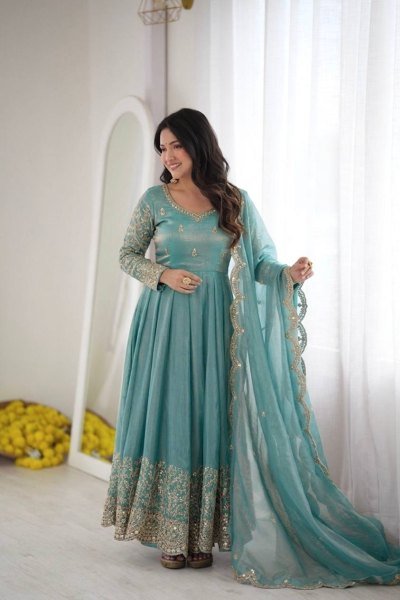 Women's Teal Blue Fendy Silk Gown with Coding, Sequins and Lace Border Dupatta For Diwali  Ready To Wear Collection