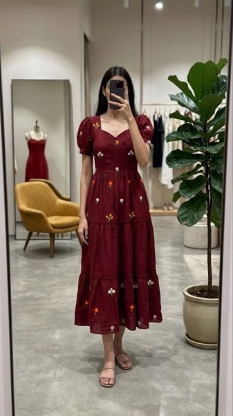 Women s Vichitra Silk Embroidered Dress with Corset Back 