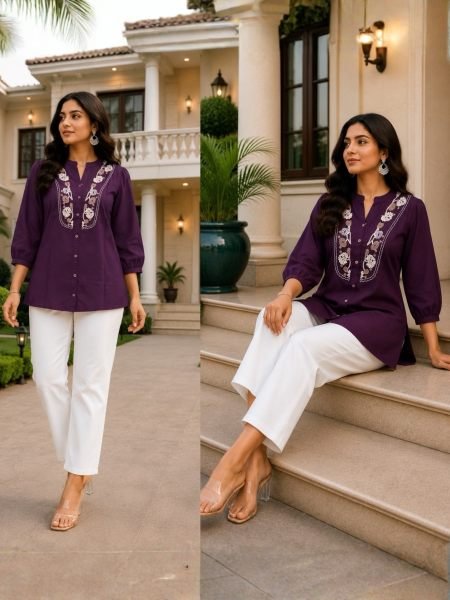 Women’s Wine Co-Ord Set with Rayon Top and Khadi Bottom at Factory Price Kurtis