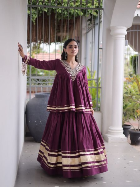 Women's Wine Kora Cotton Lehenga Set with Zari and Gota Patti Detailing 
