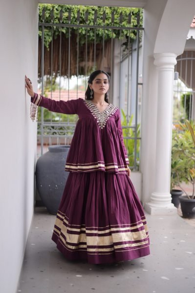 Women's Wine Kora Cotton Lehenga Set with Zari and Gota Patti Detailing Navratri Lehnega Choli