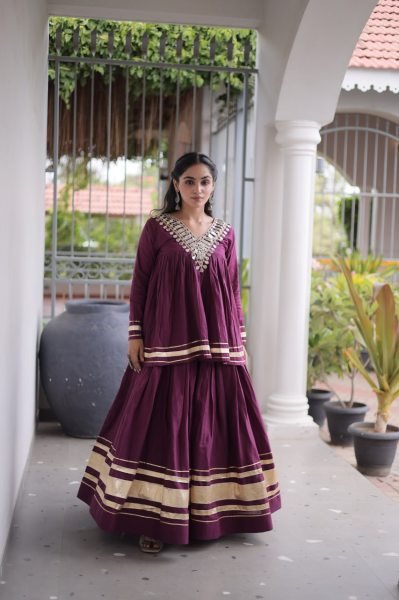 Women's Wine Kora Cotton Lehenga Set with Zari and Gota Patti Detailing Navratri Lehnega Choli