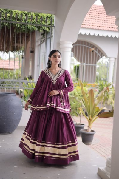 Women's Wine Kora Cotton Lehenga Set with Zari and Gota Patti Detailing Navratri Lehnega Choli