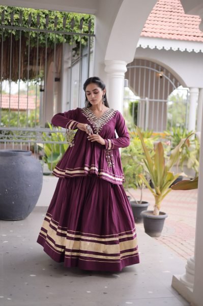 Women's Wine Kora Cotton Lehenga Set with Zari and Gota Patti Detailing Navratri Lehnega Choli