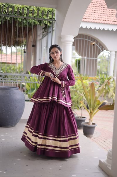 Women's Wine Kora Cotton Lehenga Set with Zari and Gota Patti Detailing Navratri Lehnega Choli