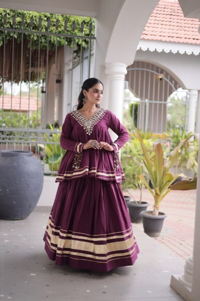Women's Wine Kora Cotton Lehenga Set with Zari and Gota Patti Detailing Navratri Lehnega Choli