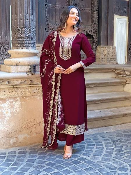 Women’s Wine Vichitra Silk Straight Kurti Set With Embroidery Work For Festive Wear  Kurtis