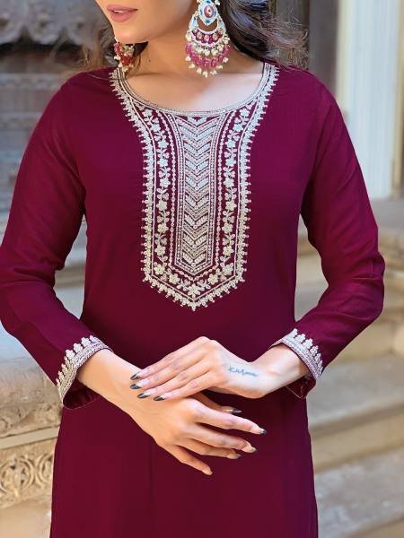 Women’s Wine Vichitra Silk Straight Kurti Set With Embroidery Work For Festive Wear   Straight Cut Long Kurtis