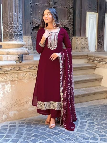 Women’s Wine Vichitra Silk Straight Kurti Set With Embroidery Work For Festive Wear   Straight Cut Long Kurtis