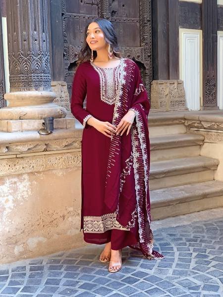 Women’s Wine Vichitra Silk Straight Kurti Set With Embroidery Work For Festive Wear   Straight Cut Long Kurtis