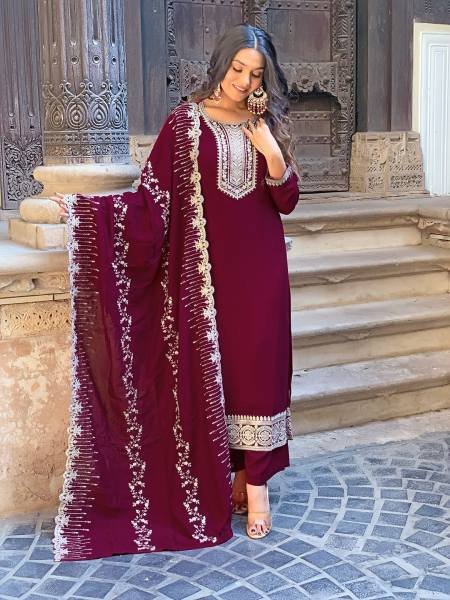 Women’s Wine Vichitra Silk Straight Kurti Set With Embroidery Work For Festive Wear   Straight Cut Long Kurtis
