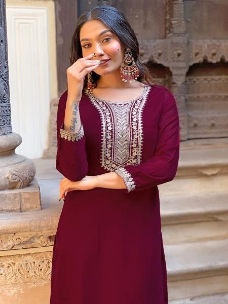 Women’s Wine Vichitra Silk Straight Kurti Set With Embroidery Work For Festive Wear   Straight Cut Long Kurtis