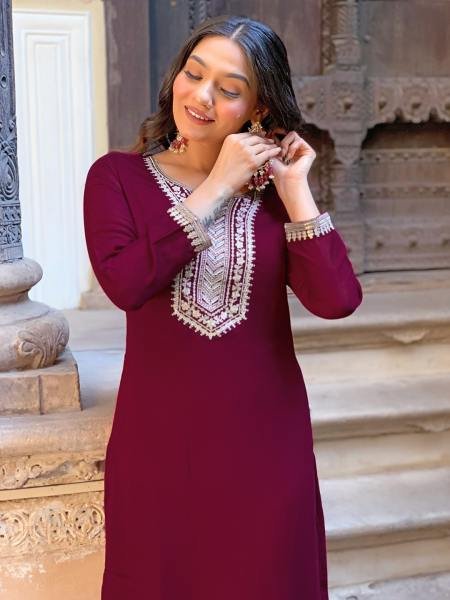Women’s Wine Vichitra Silk Straight Kurti Set With Embroidery Work For Festive Wear   Straight Cut Long Kurtis