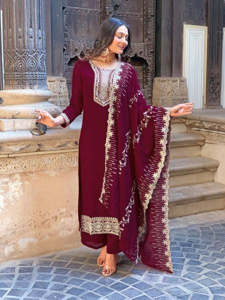 Women’s Wine Vichitra Silk Straight Kurti Set With Embroidery Work For Festive Wear   Straight Cut Long Kurtis