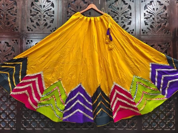 Women's Yellow Rayon Cotton Flared Skirt with Traditional Patch Work Design Navratri Lehnega Choli